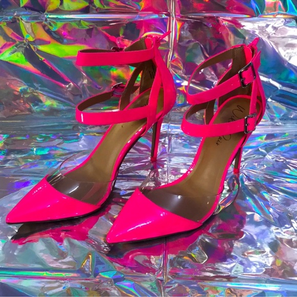 Wild Pair Shoes - Wild Pair Neon Pink Patent Pointed-Toe Ankle-Strap Heels